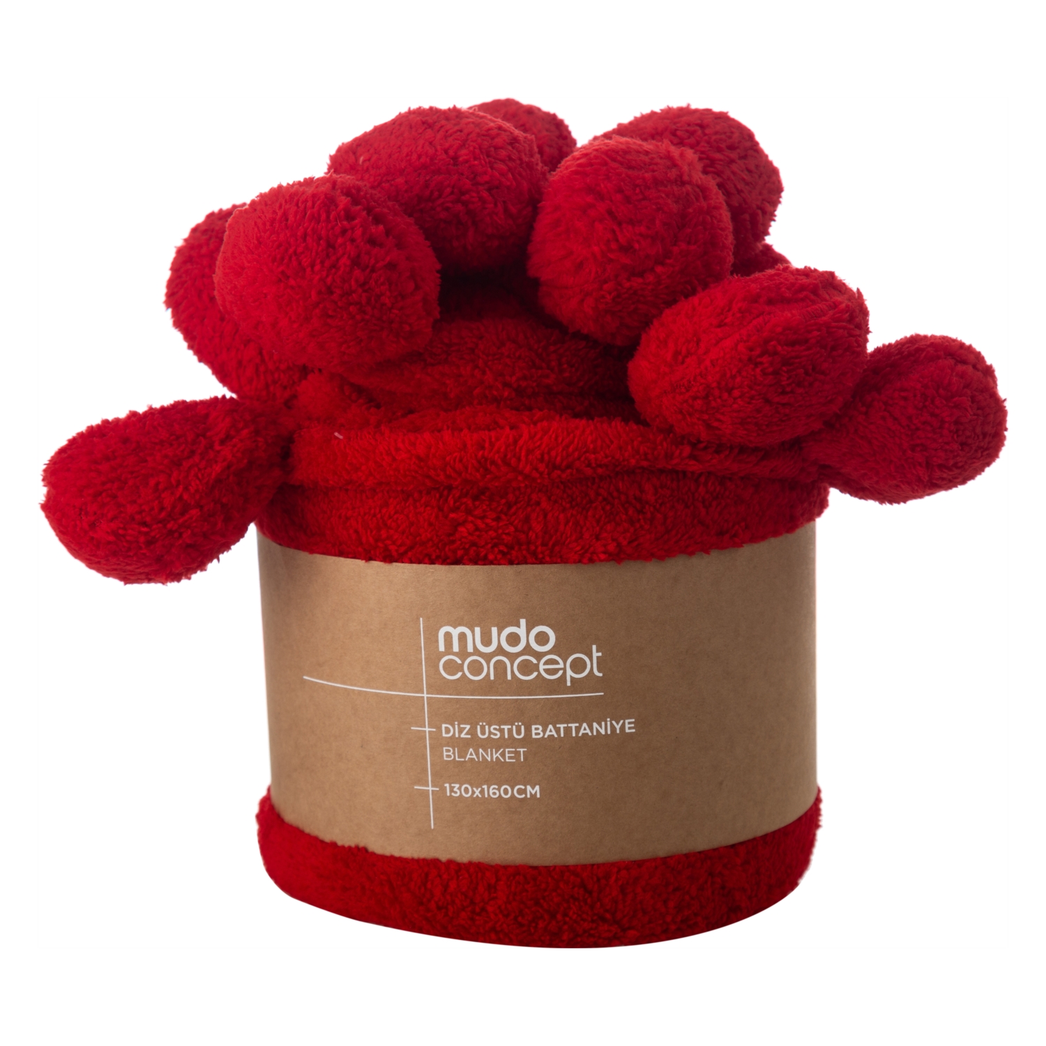 PONPONLU DİZ ÜSTÜ BATTANİYE KIRMIZI 130X160
