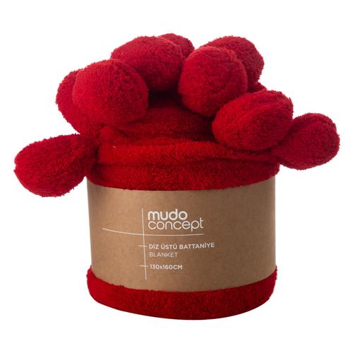  PONPONLU DİZ ÜSTÜ BATTANİYE KIRMIZI 130X160