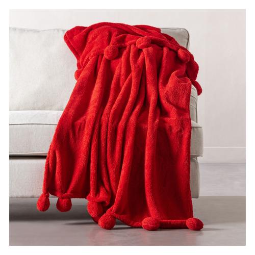  PONPONLU DİZ ÜSTÜ BATTANİYE KIRMIZI 130X160