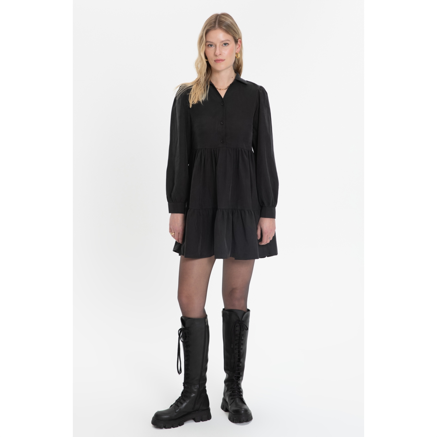 LİYOSEL KARIŞIMLI MİNİ GÖMLEK ELBİSE