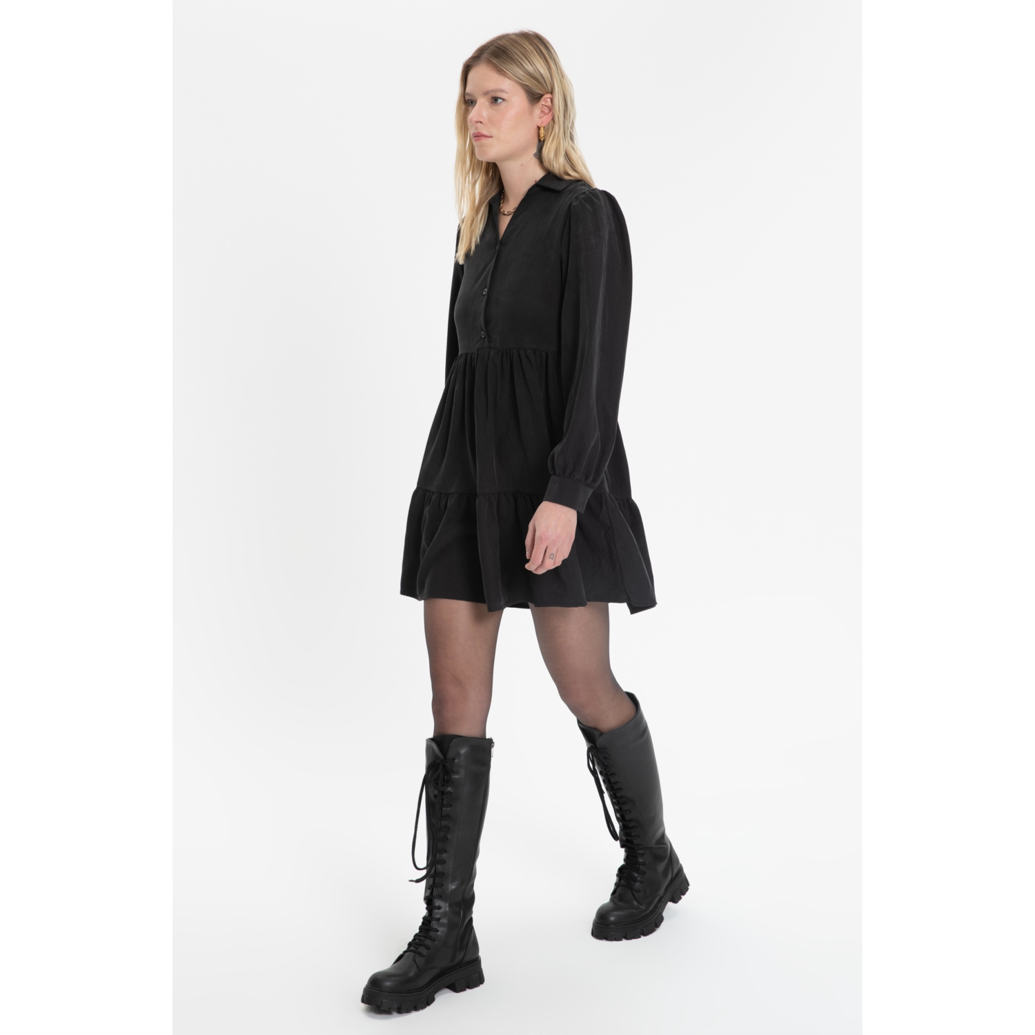 LİYOSEL KARIŞIMLI MİNİ GÖMLEK ELBİSE