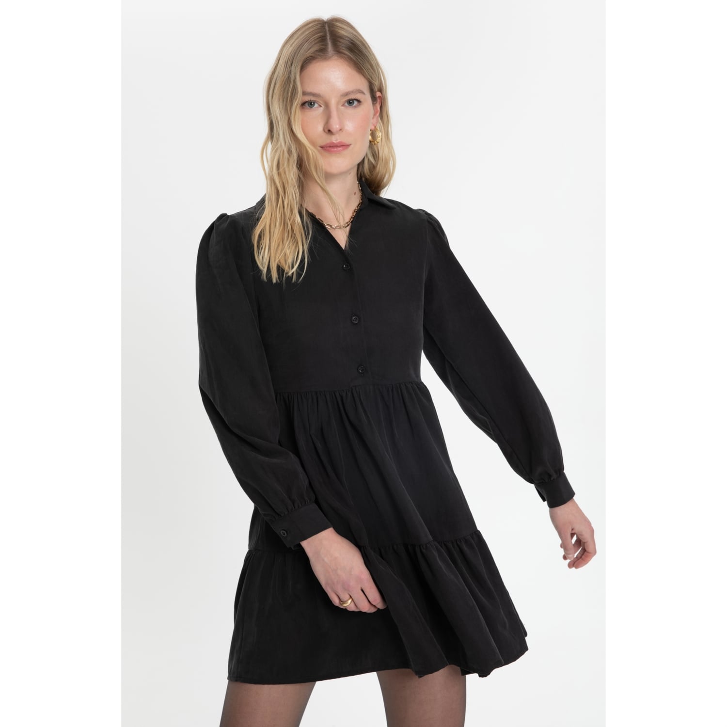 LİYOSEL KARIŞIMLI MİNİ GÖMLEK ELBİSE