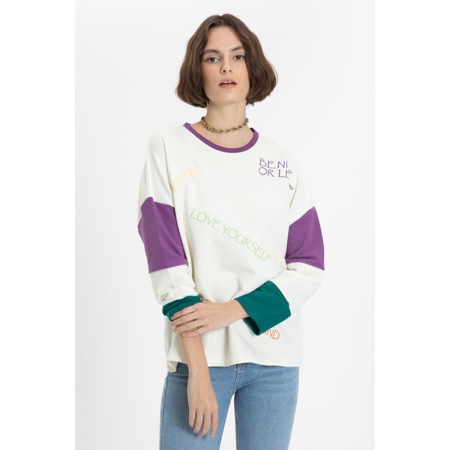 SLOGAN BASKILI BİSİKLET YAKA SWEATSHIRT