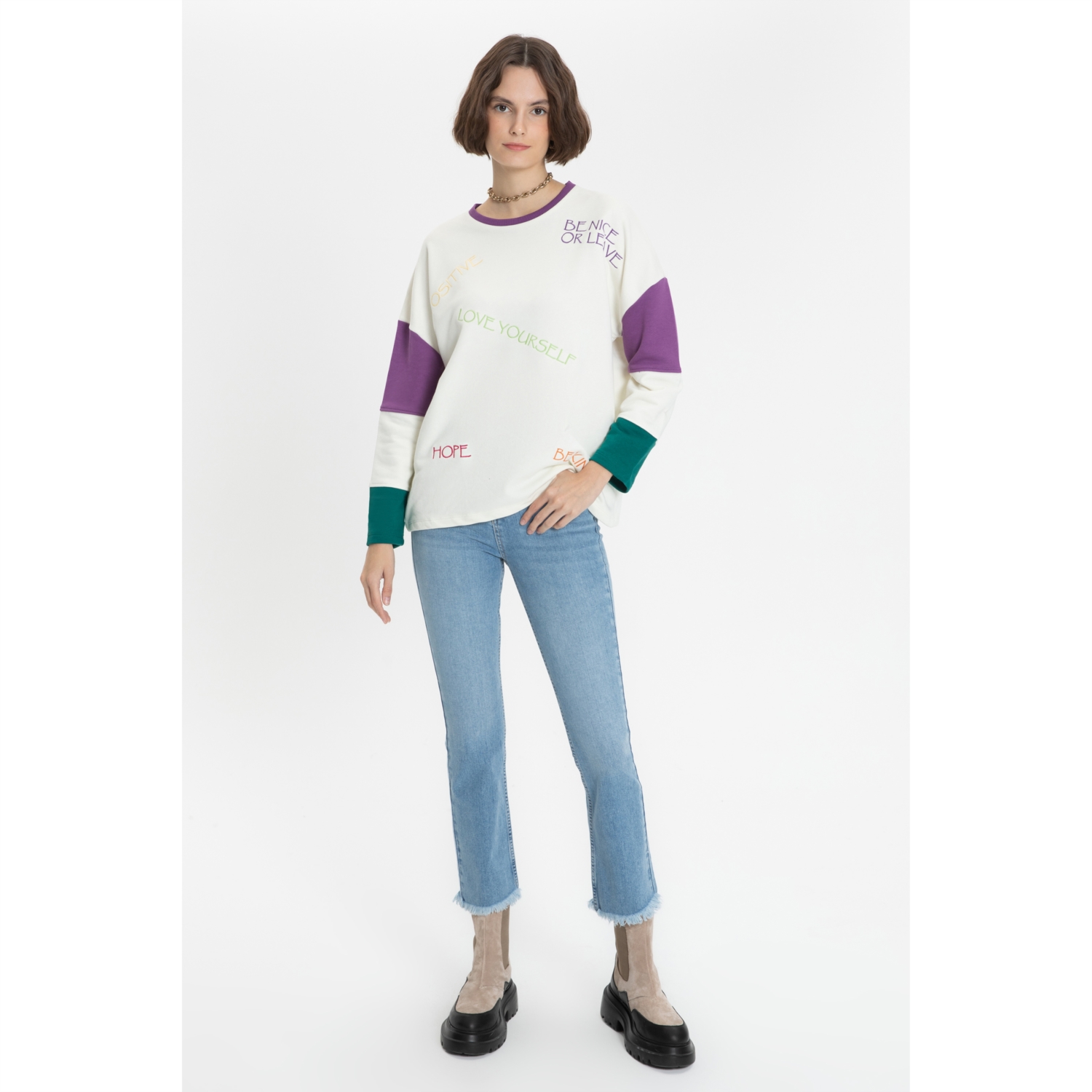 SLOGAN BASKILI BİSİKLET YAKA SWEATSHIRT