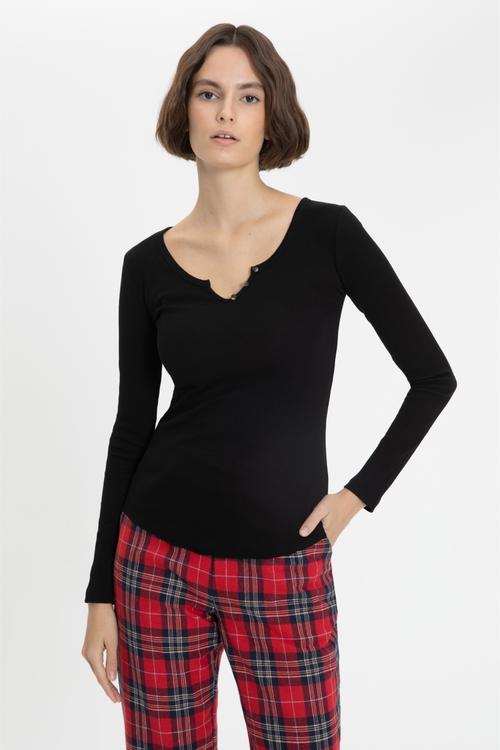  V YAKA UZUN KOLLU BASIC T-SHIRT