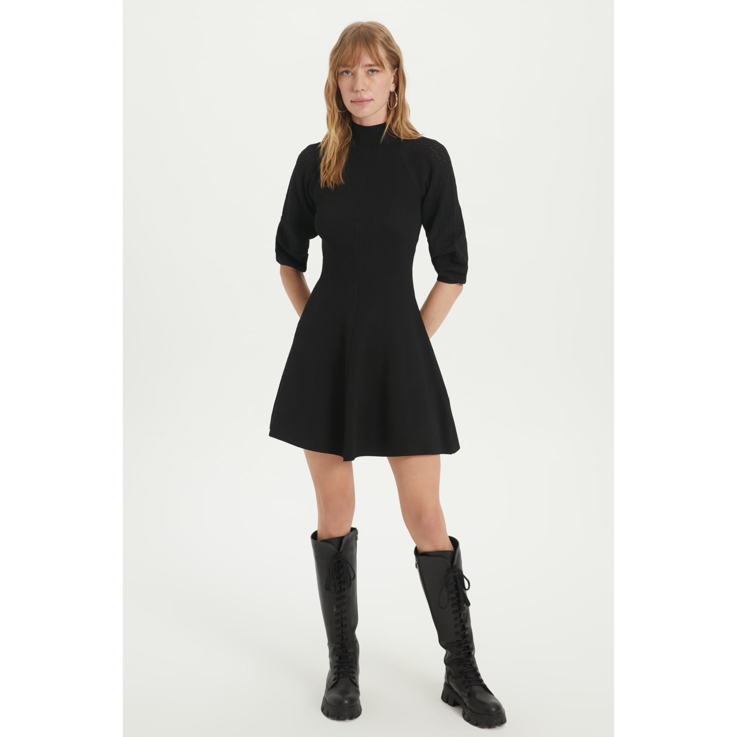 UZUN KOLLU TRİKO MİNİ KLOŞ ELBİSE