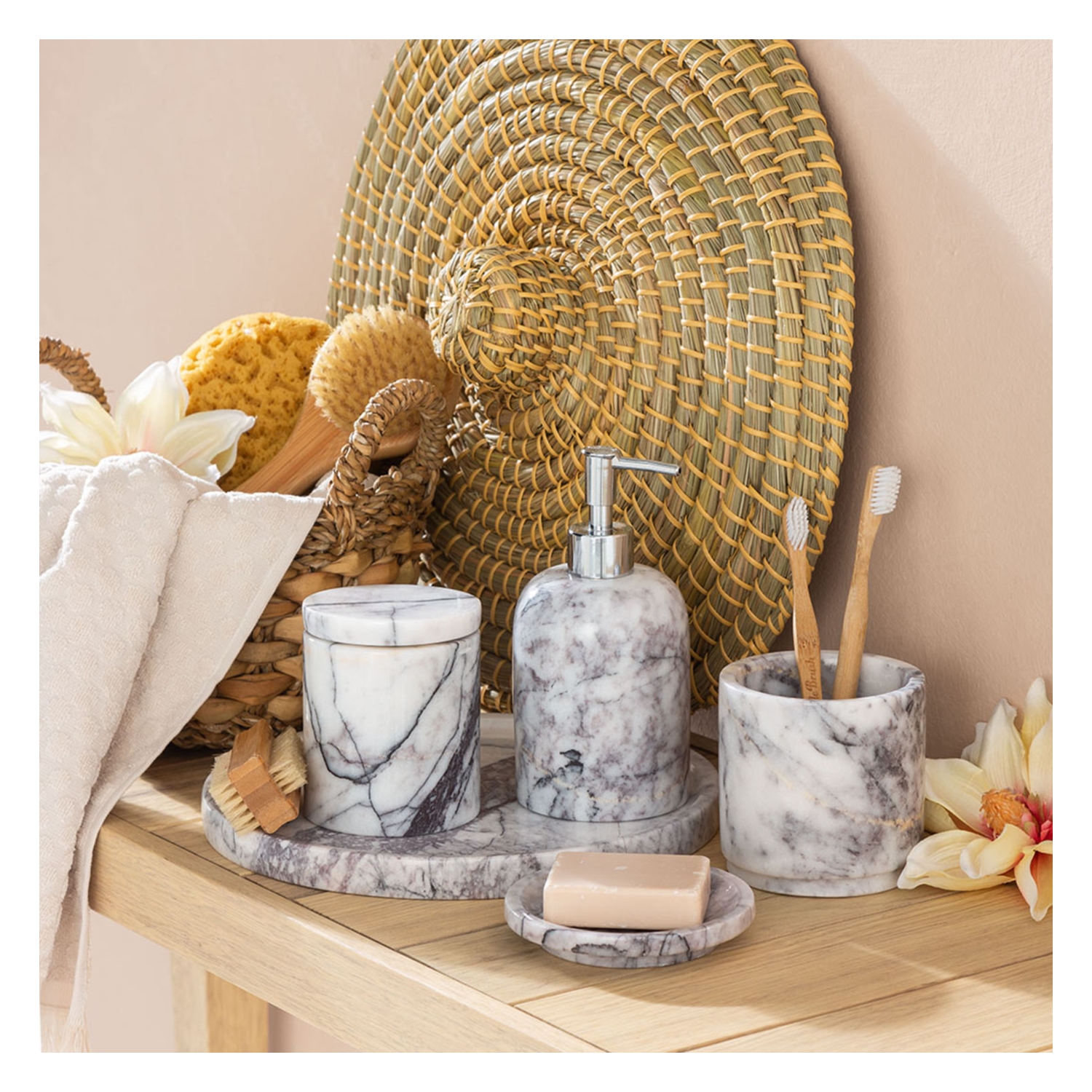 MARBLE SİYAH BEYAZ KAHVE 5'Lİ BANYO SETİ