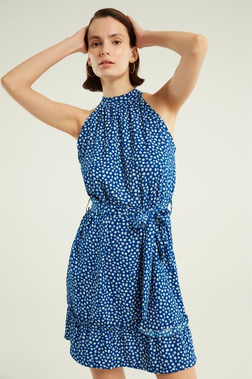  ÇİÇEK DESENLİ DİK YAKA KOLSUZ MİNİ KLOŞ ELBİSE