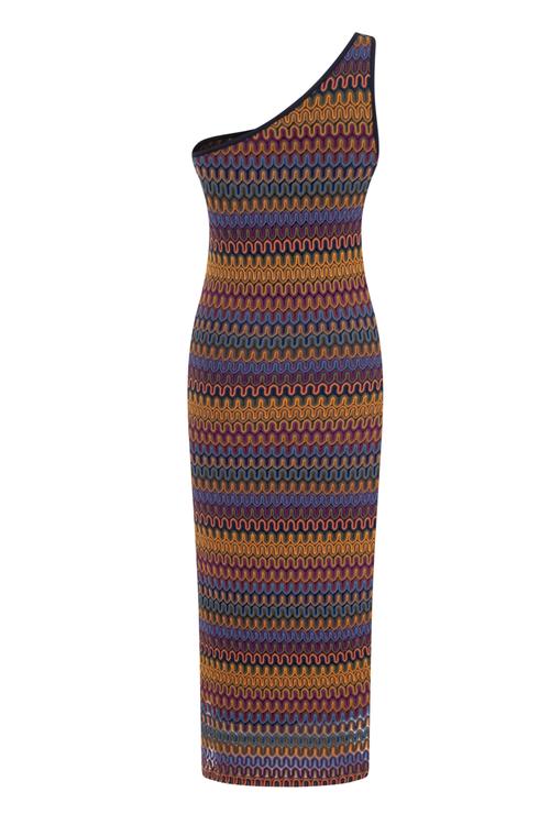  RENK BLOKLU TEK OMUZ MİDİ ELBİSE