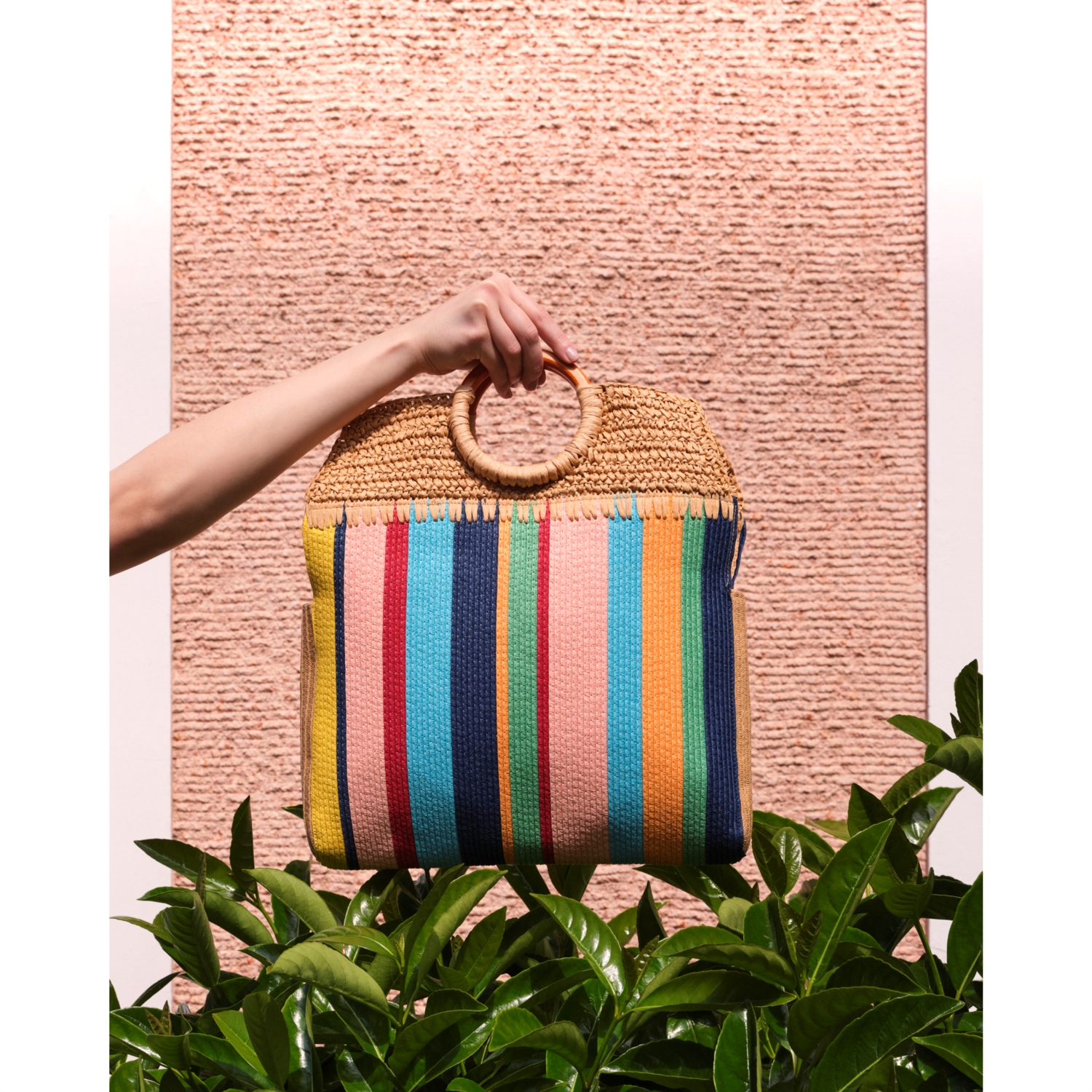 RENK BLOKLU HASIR EL ÇANTASI