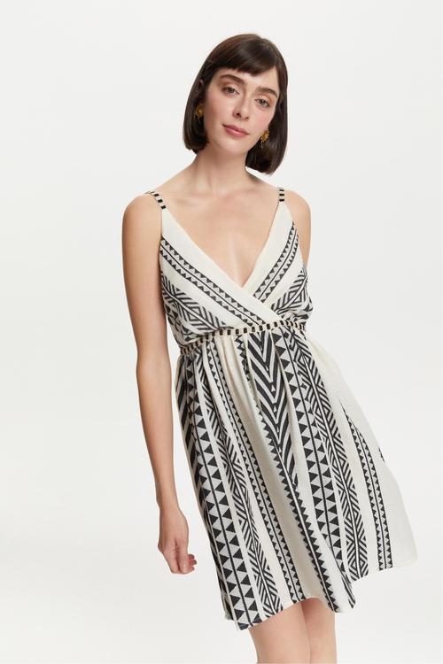  ETNİK DESENLİ ASKILI MİNİ ELBİSE