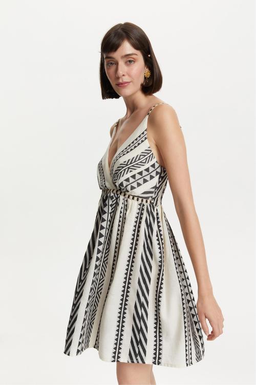  ETNİK DESENLİ ASKILI MİNİ ELBİSE