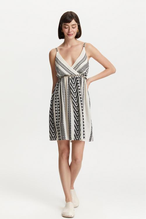  ETNİK DESENLİ ASKILI MİNİ ELBİSE