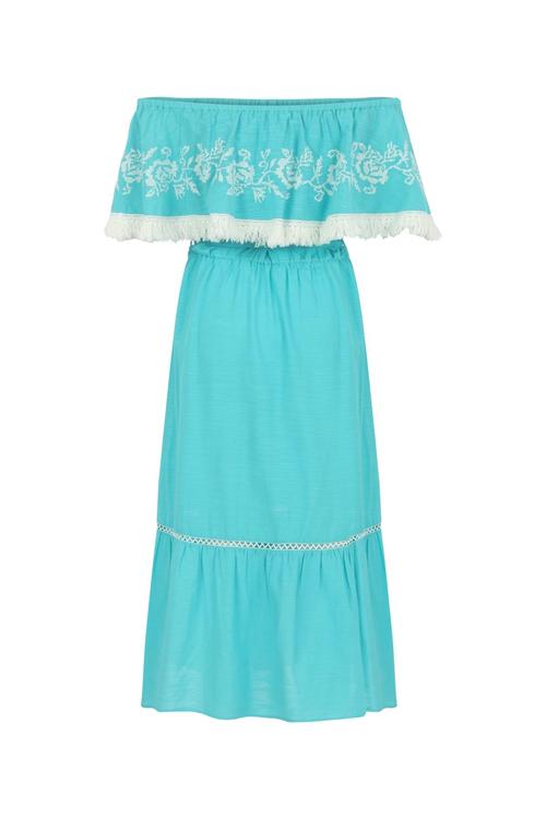  ETNİK DESENLİ DÜŞÜK OMUZ UZUN ELBİSE