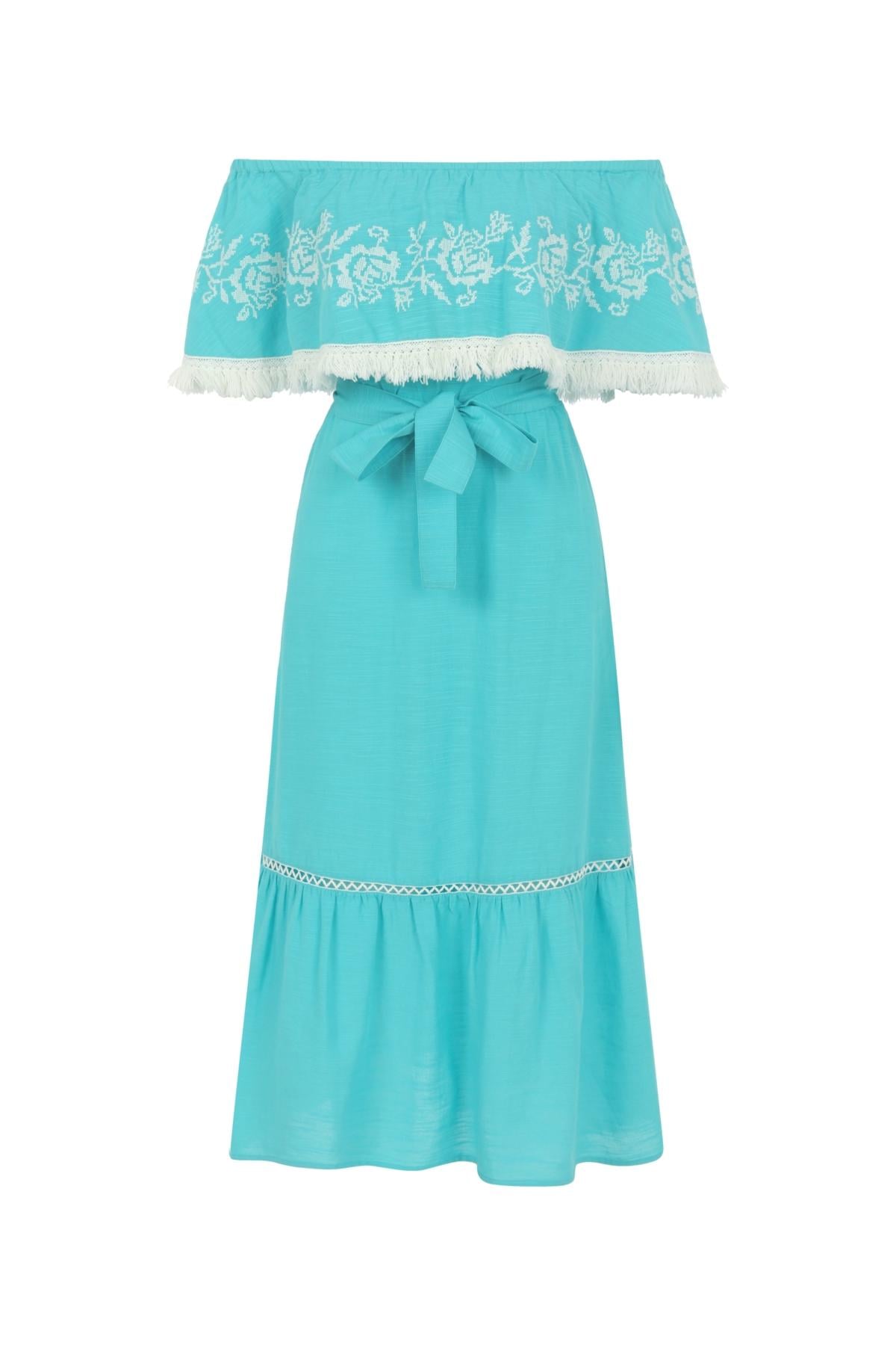 ETNİK DESENLİ DÜŞÜK OMUZ UZUN ELBİSE