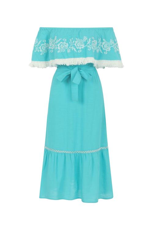  ETNİK DESENLİ DÜŞÜK OMUZ UZUN ELBİSE