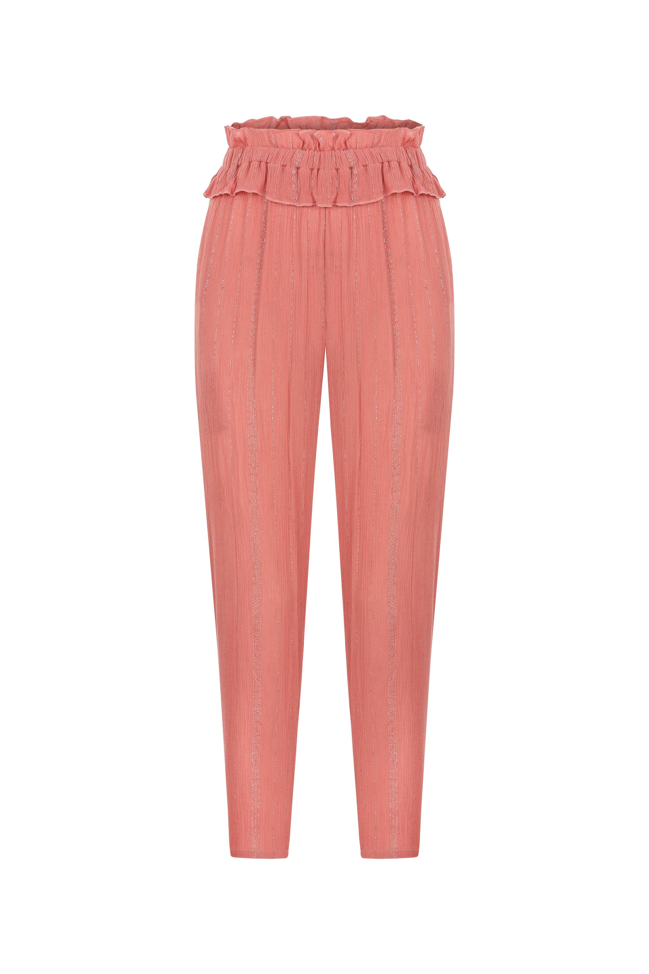 HAVUÇ KESİM BELİ LASTİKLİ JAKARLI PANTOLON