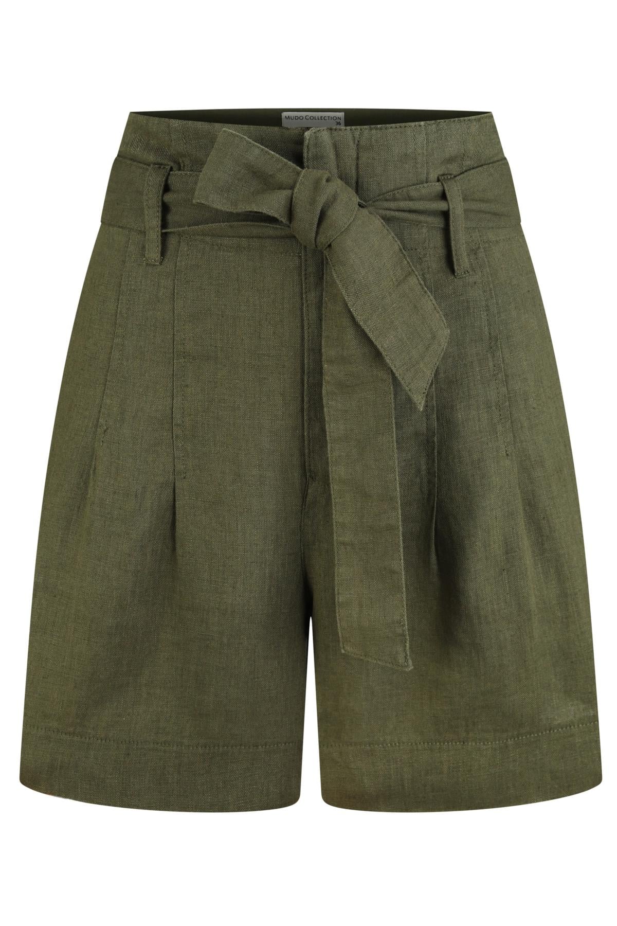 YÜKSEK BEL KUŞAKLI KETEN ŞORT