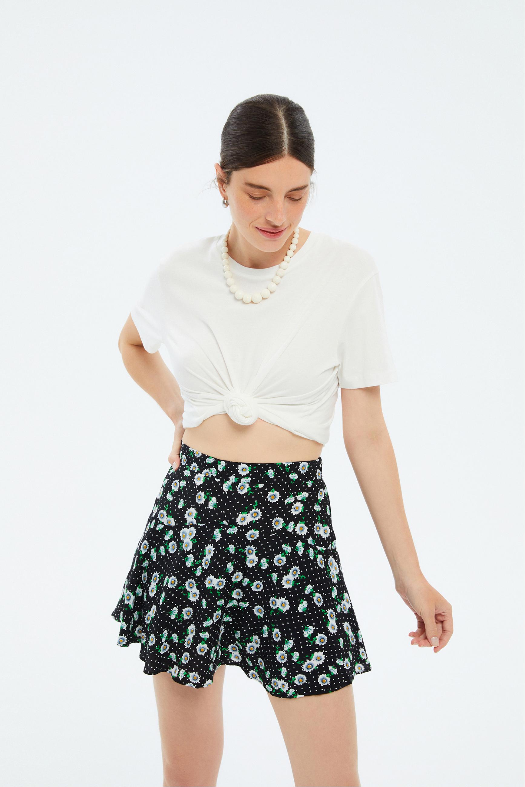 ÇİÇEK DESENLİ YÜKSEK BEL MİNİ ETEK