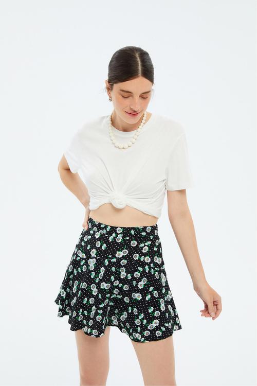  ÇİÇEK DESENLİ YÜKSEK BEL MİNİ ETEK