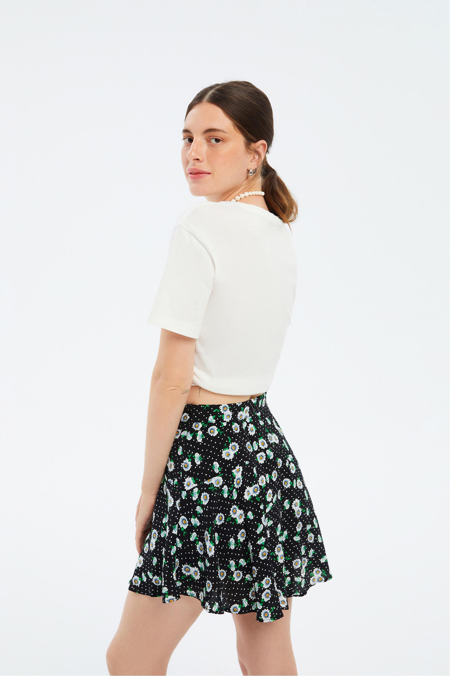 ÇİÇEK DESENLİ YÜKSEK BEL MİNİ ETEK