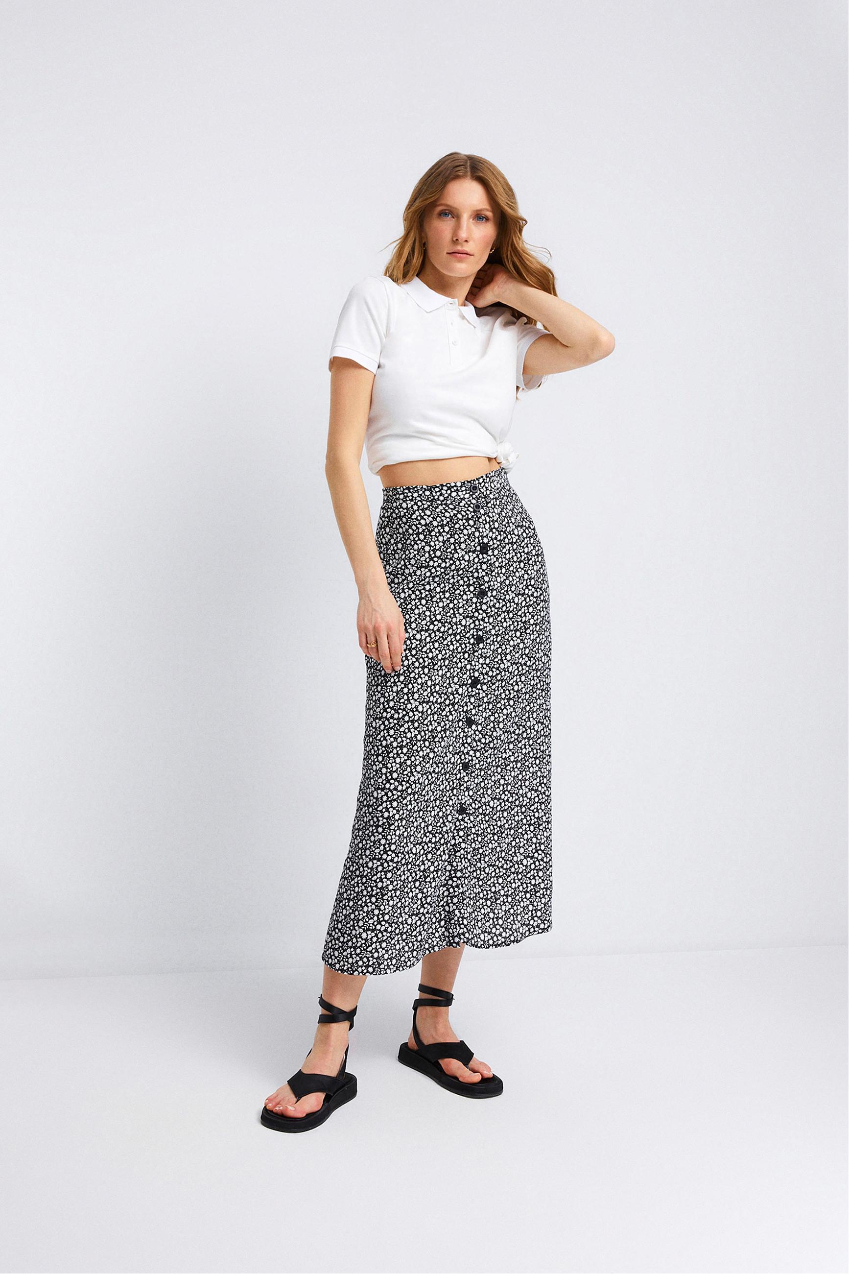 ÇİÇEK DESENLİ DÜĞMELİ MİDİ ETEK