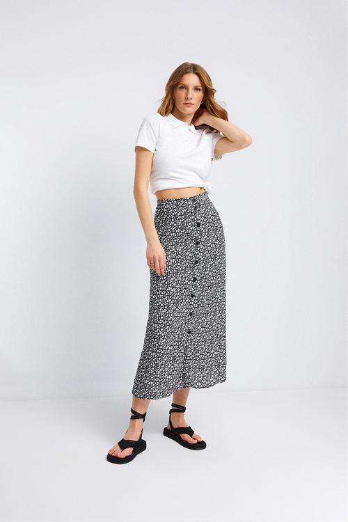  ÇİÇEK DESENLİ DÜĞMELİ MİDİ ETEK