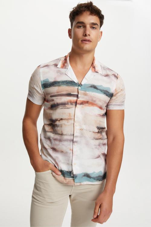  SULU BOYA DESEN KISA KOLLU REGULAR FIT GÖMLEK