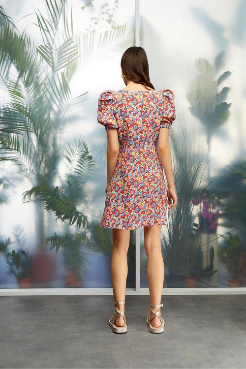  ÇİÇEK DESENLİ BALON KOL MİNİ KLOŞ ELBİSE