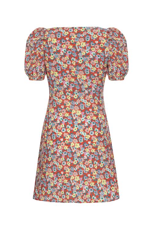  ÇİÇEK DESENLİ BALON KOL MİNİ KLOŞ ELBİSE