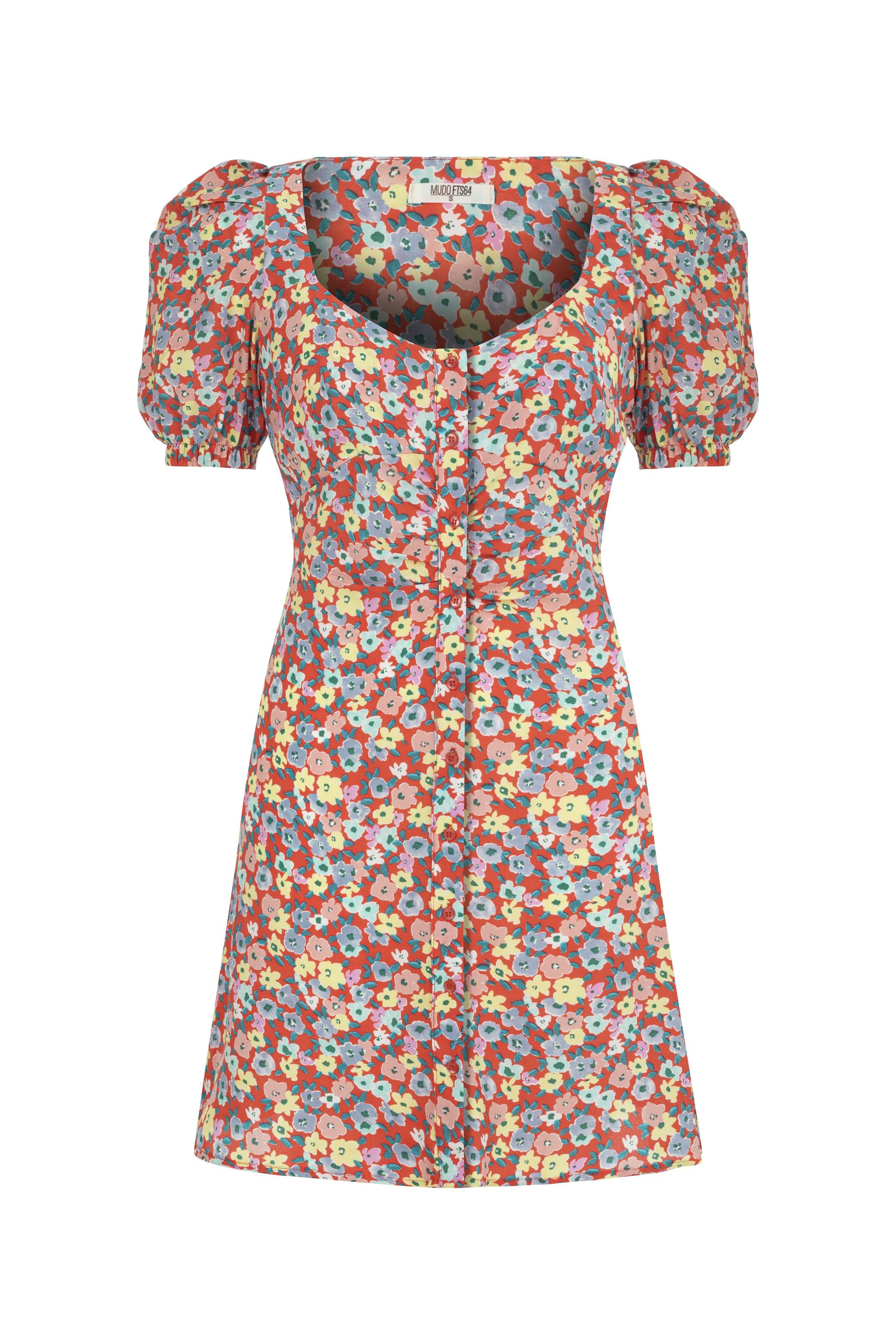 ÇİÇEK DESENLİ BALON KOL MİNİ KLOŞ ELBİSE