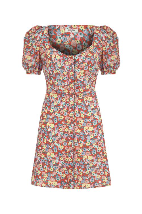  ÇİÇEK DESENLİ BALON KOL MİNİ KLOŞ ELBİSE