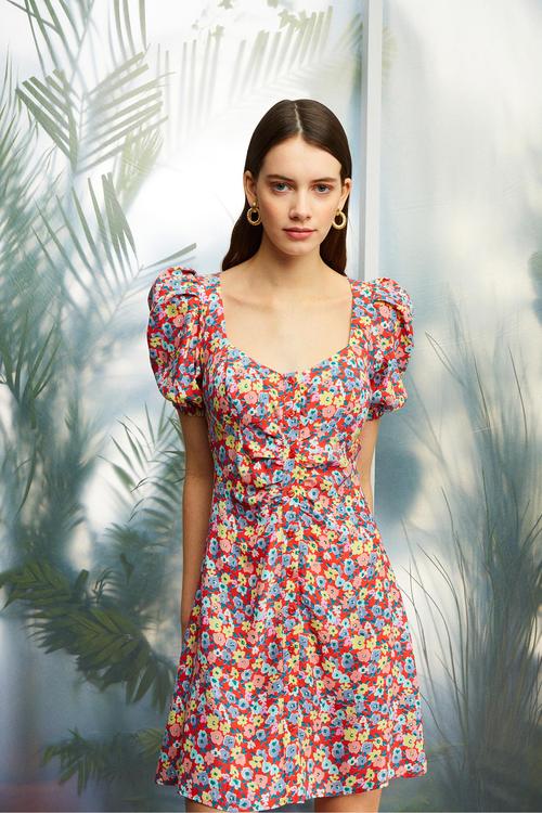  ÇİÇEK DESENLİ BALON KOL MİNİ KLOŞ ELBİSE