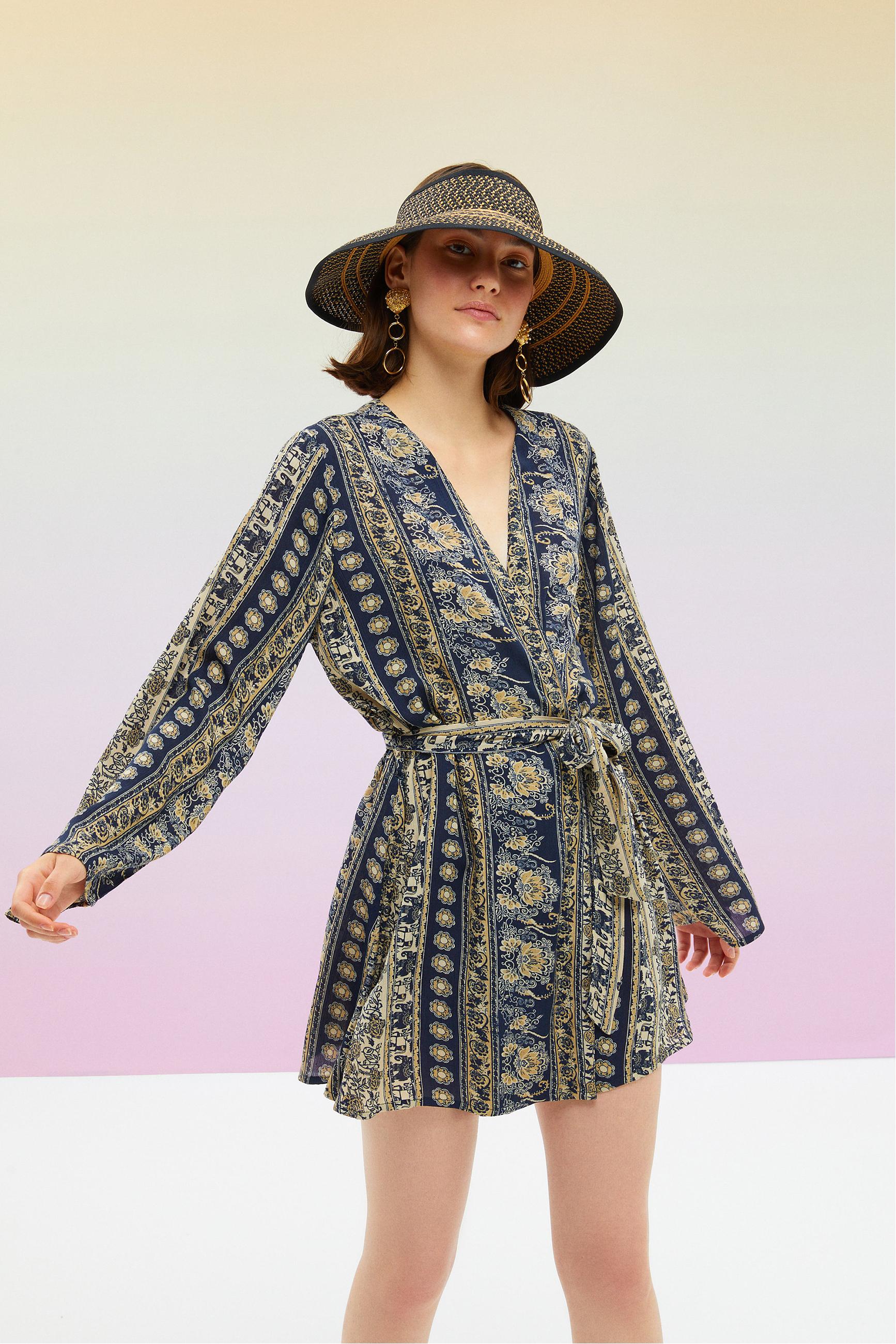 ETNİK DESENLİ KUŞAKLI PLAJ KİMONO