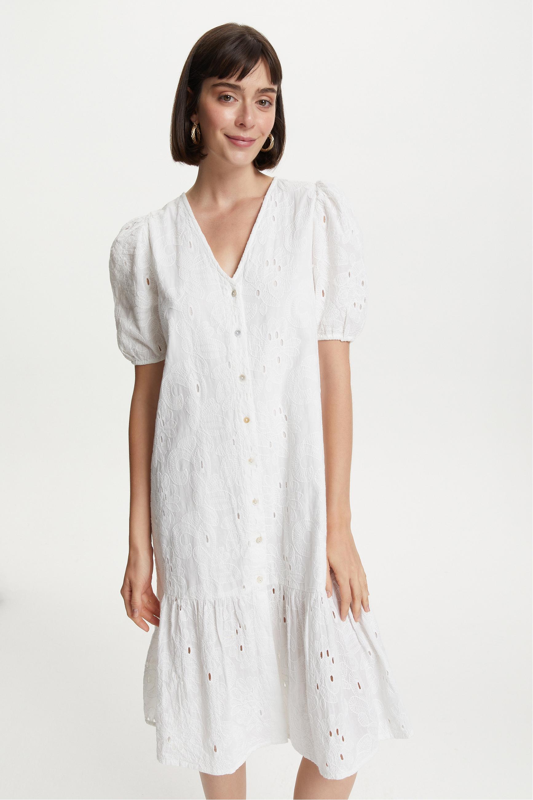 DANTELLİ V YAKA MİDİ ELBİSE