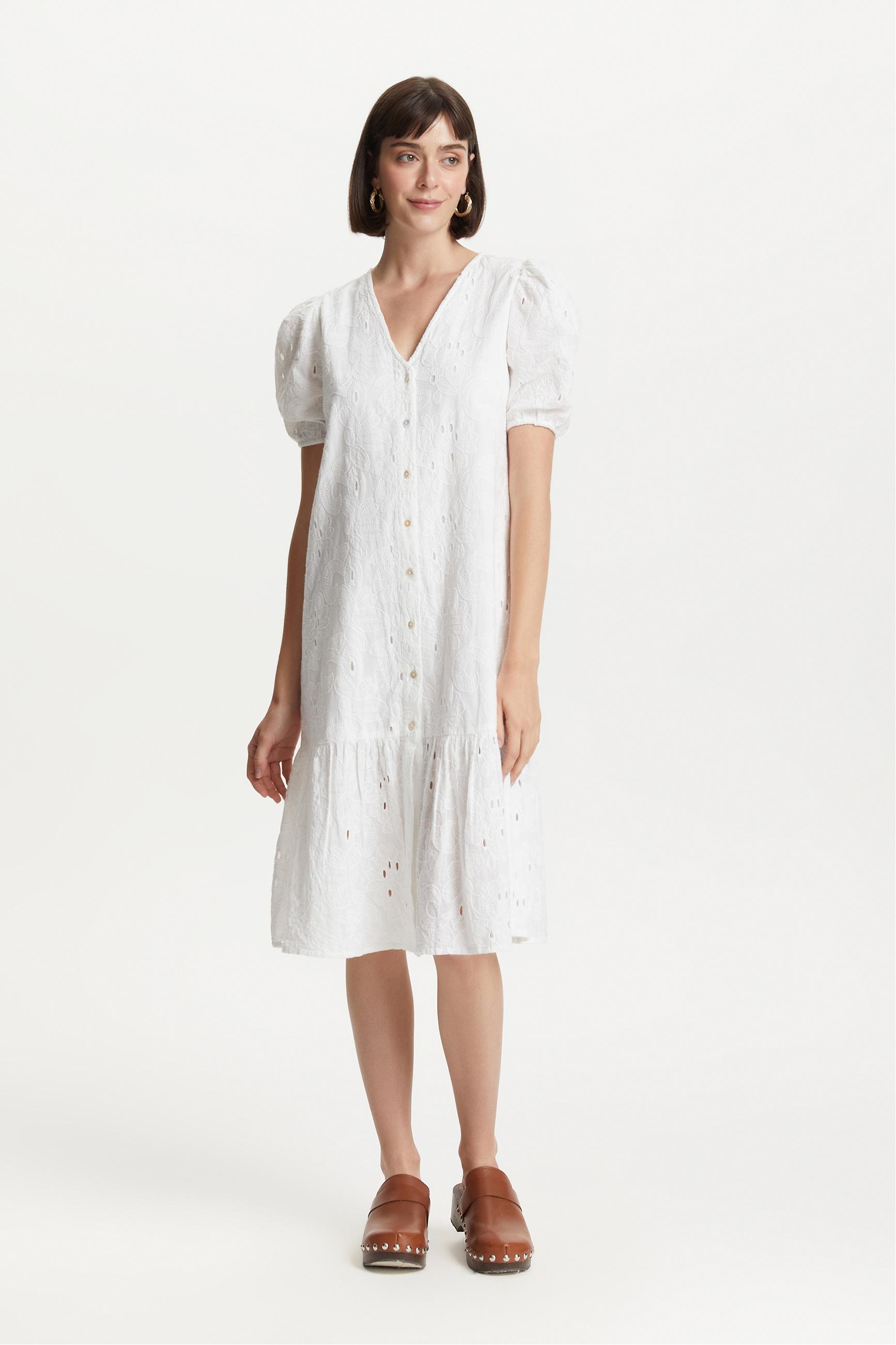 DANTELLİ V YAKA MİDİ ELBİSE