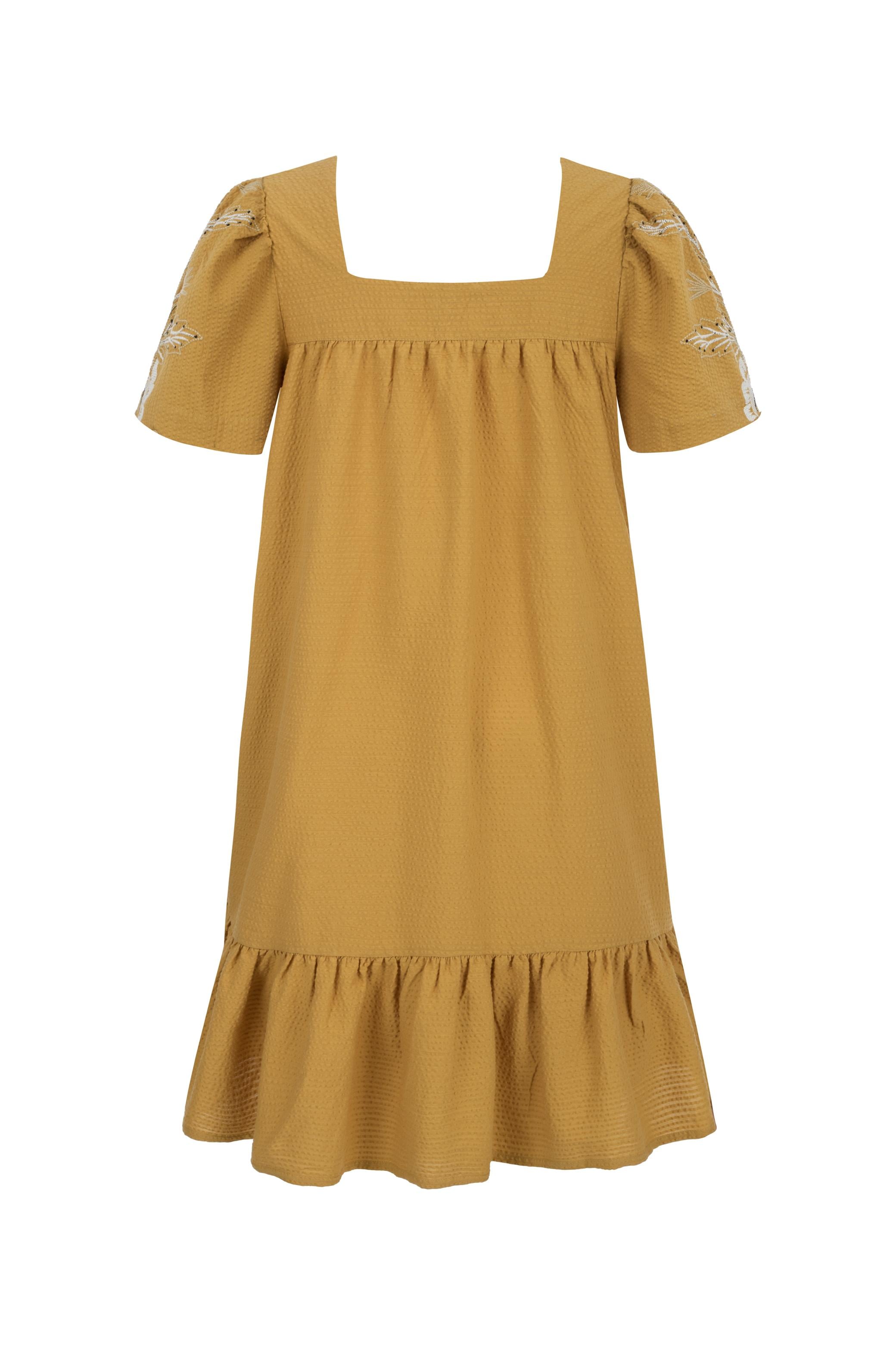 ETNİK DETAYLI KARE YAKA MİDİ ELBİSE