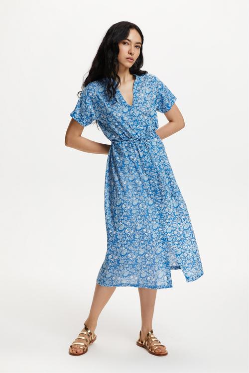  ETNİK DESENLİ KISA KOLLU MİDİ ELBİSE