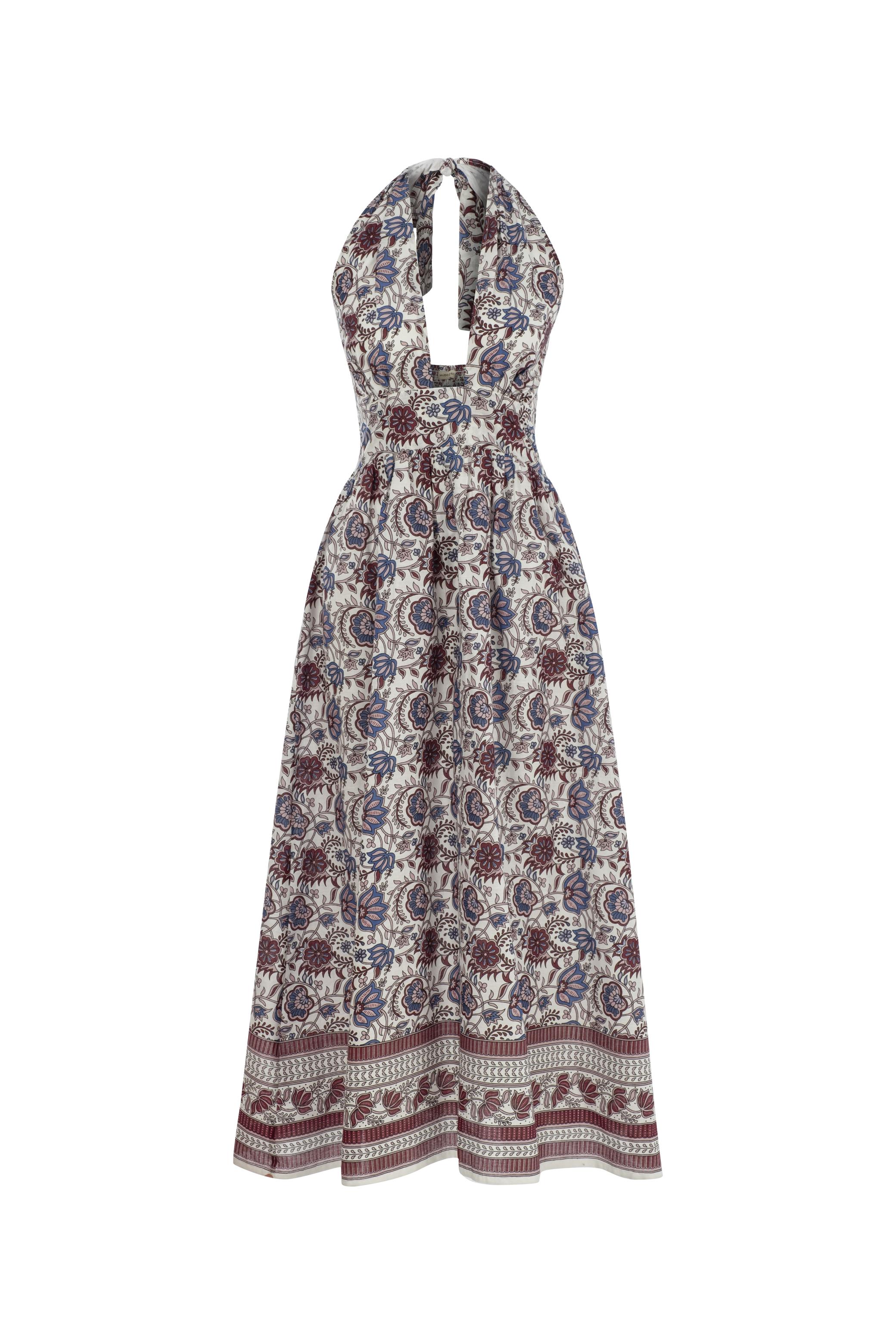 ETNİK DESENLİ BOYUNDAN BAĞLAMALI UZUN ELBİSE