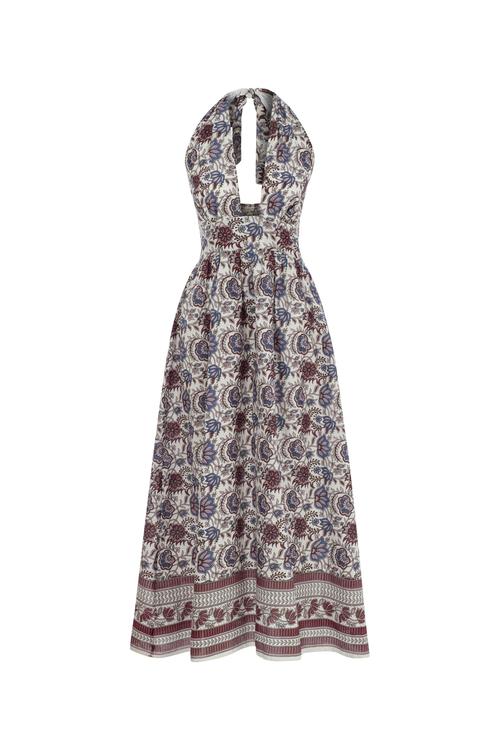  ETNİK DESENLİ BOYUNDAN BAĞLAMALI UZUN ELBİSE