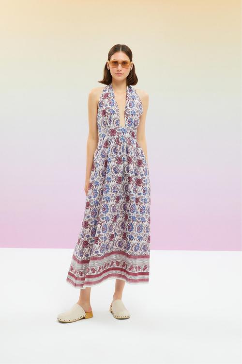  ETNİK DESENLİ BOYUNDAN BAĞLAMALI UZUN ELBİSE