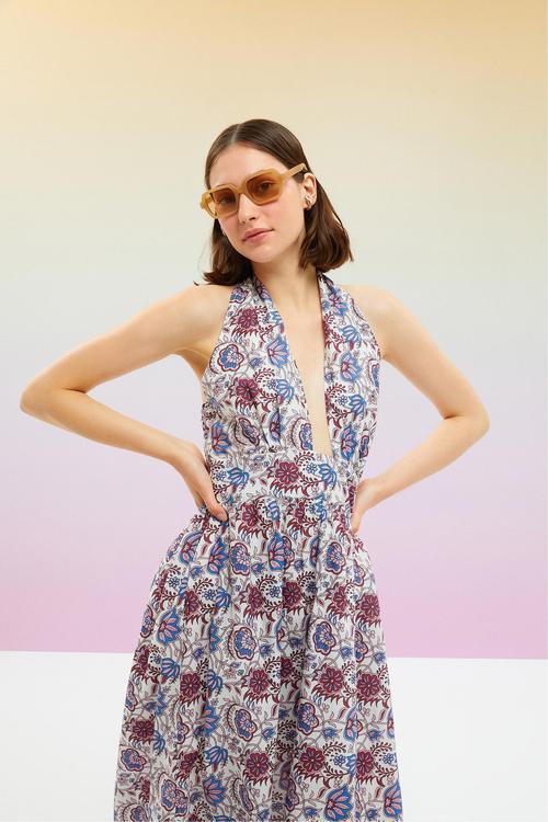  ETNİK DESENLİ BOYUNDAN BAĞLAMALI UZUN ELBİSE