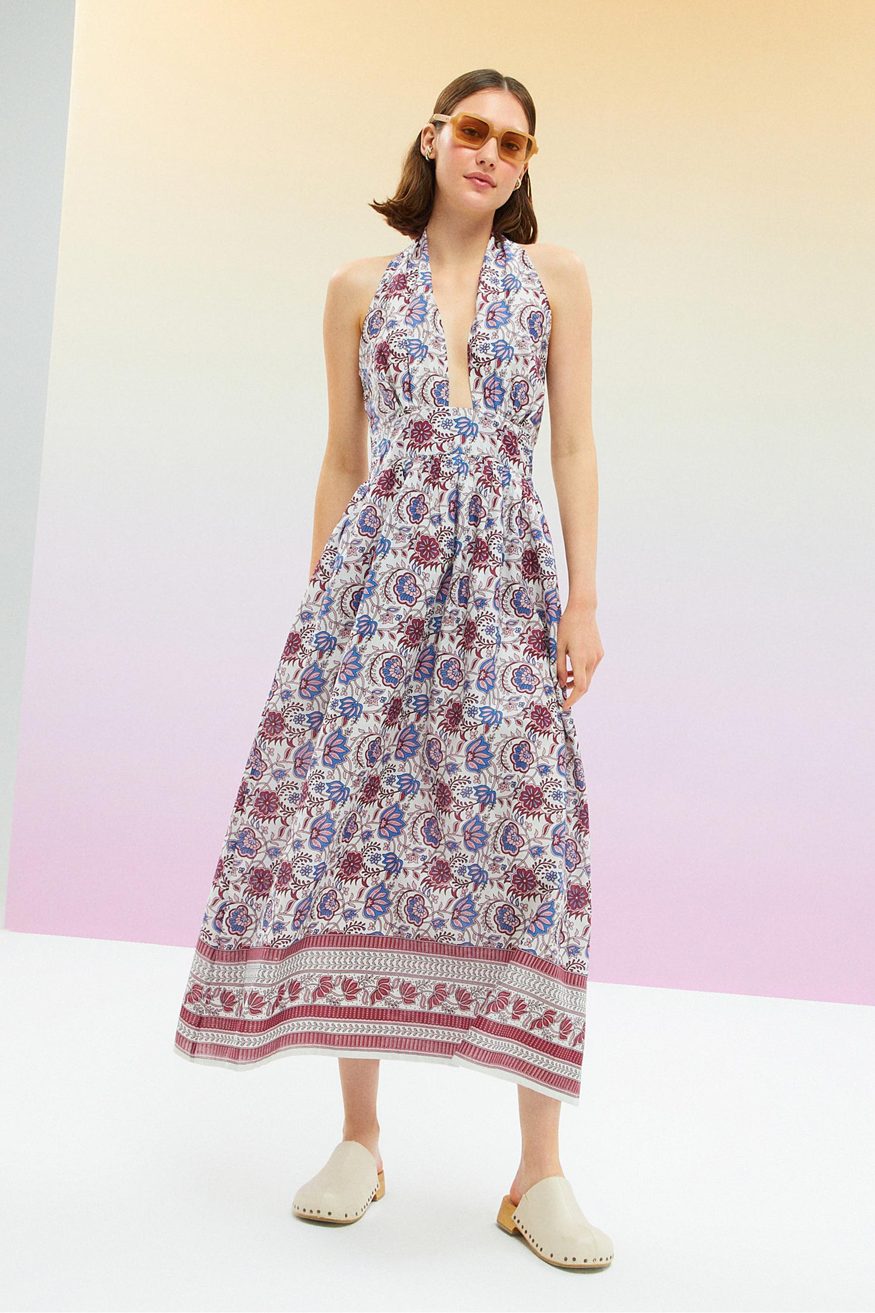 ETNİK DESENLİ BOYUNDAN BAĞLAMALI UZUN ELBİSE