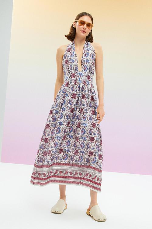  ETNİK DESENLİ BOYUNDAN BAĞLAMALI UZUN ELBİSE