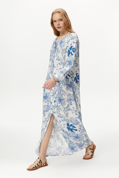  ÇİÇEK DESENLİ UZUN PLAJ ELBİSESİ