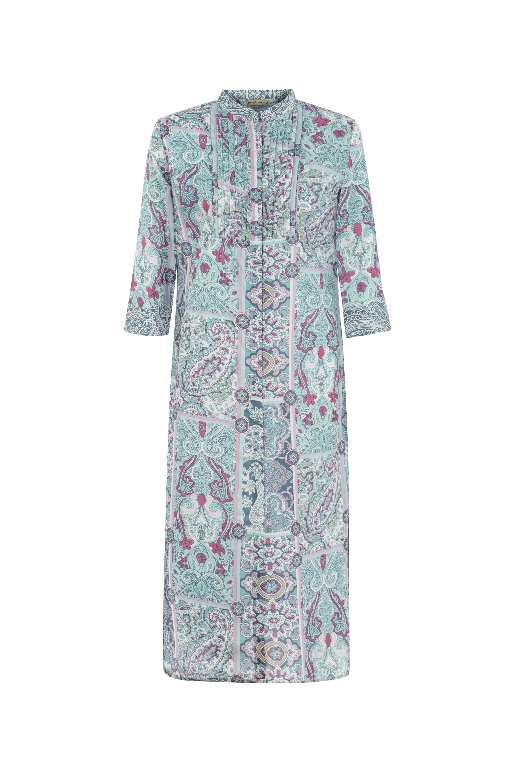 ETNİK DESENLİ UZUN KOLLU MİDİ ELBİSE