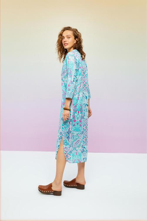  ETNİK DESENLİ UZUN KOLLU MİDİ ELBİSE