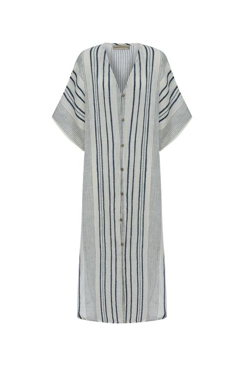  ÇİZGİLİ ETNİK UZUN PLAJ ELBİSESİ