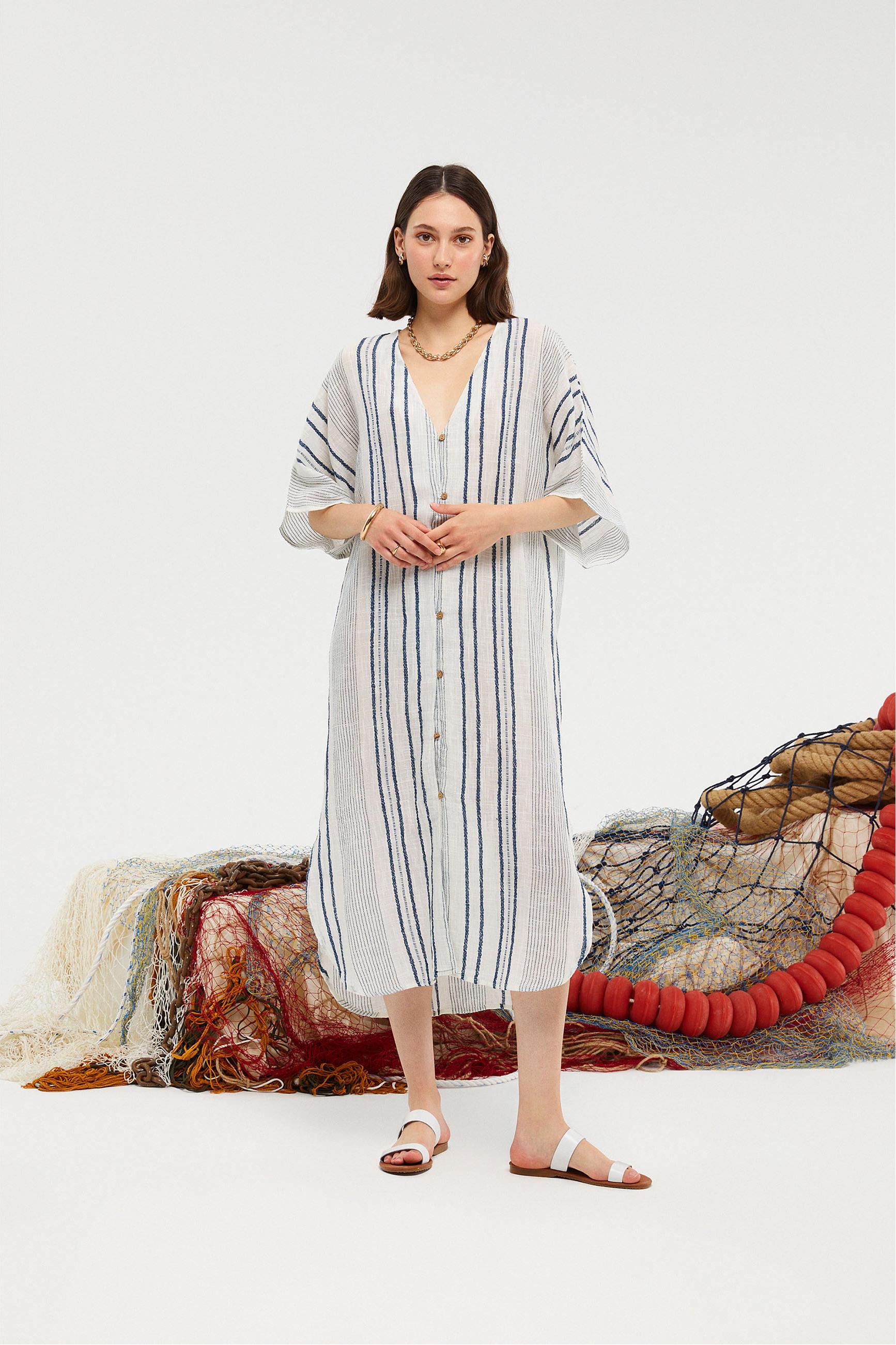 ÇİZGİLİ ETNİK UZUN PLAJ ELBİSESİ