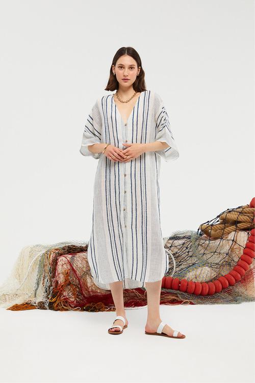  ÇİZGİLİ ETNİK UZUN PLAJ ELBİSESİ